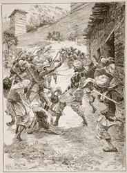 Löjtnant Harley, i spetsen för fyrtio sikher och sextio kashmirer, rusade huset över gruvans mynning, illustration från "Battles of the Nineteenth Century" av Archibald Forbes, G.A. Henty an