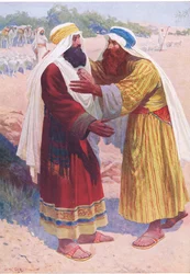 Mötet mellan Jakob och Esau, från The Bible Picture Book utgiven av Thomas Nelson, c.1950