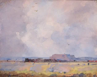 I platålandet, med en bebodd Pueblo, 1929.