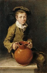En pojke som sitter på en bänk med en kanna, 1839