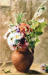 A Pot of Asters, ca 1840 (akvarell, kroppsfärg och penna på papper)