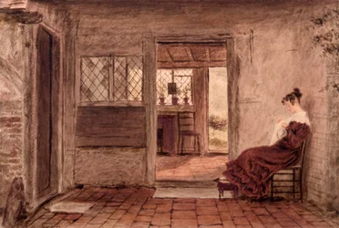 Stugainteriör med flicksömnad, ca 1828 (akvarell på papper)