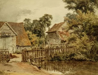 Gårdsgård med damm (akvarell på papper)