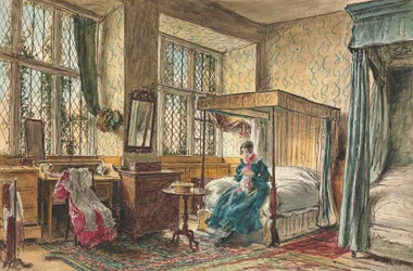 Fröken Moore som syr i sitt sovrum, Hardwick Hall, Derbyshire