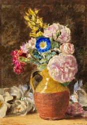Blandade blommor i en brun och fawn kanna, c.1860