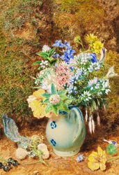 Ljusblå kinesisk kanna med ljung och små blommor, ca 1860