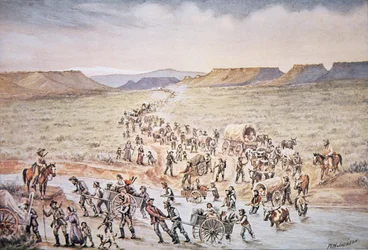 Mormoners handkärrepionjärer på väg västerut till Utah 1850 (färg litho)