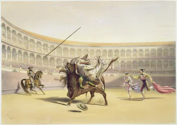 Tjuren kastar Picador och häst, 1865