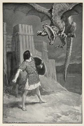 Draken sjönk mot honom och öppnade sina fruktansvärda käkar, från "Hero Myths and Legends of the British Race" av M.I. Ebbutt, 1910