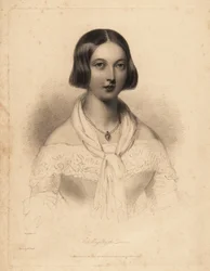 Unga drottning Victoria, tidigt 20-tal. Stålstiftsgravyr av William Henry Mote efter en illustration av William Drummond från Charles Heath