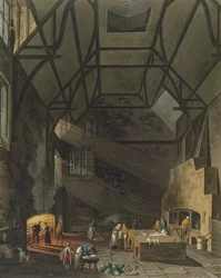 Interiör av köket, Trinity College, Cambridge, från The History of Cambridge, graverad av Joseph Constantine Stadler (fl.1780-1812), pub. av R. Ackermann, 1815 (färgakvatint)