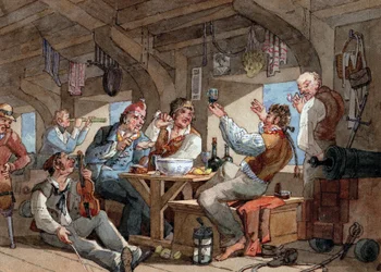 Sjömän som dricker på nedre däck på sitt fartyg, scen med violinist och piprökare, linne som ligger på ett rep och utrustning ombord (svärd, gevär, kanon, lampa)