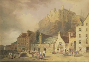 Edinburgh Castle från Grass Market, som visar Little West Port, ca 1820 (wc och sepia)