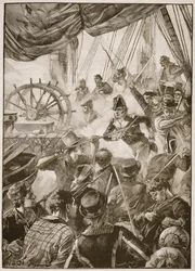 Ett trettiotal av besättningen gjorde en liten uppvisning av motstånd, illustration från "Battles of the Nineteenth Century" av Archibald Forbes, G.A. Henty och major Arthur Griffiths