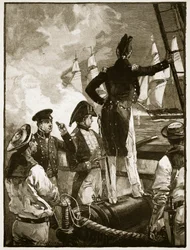 Kapten Walpole som avlyssnar hertigen av Saldanhas fartyg, illustration från Cassell
