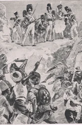Carmichaels anhängare sköt en salva in i det täta klustret av män: Slaget vid Bharatpur 1826, illustration från British Battles on Land and Sea, 1915