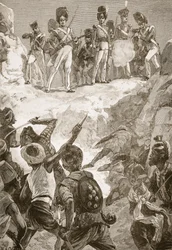 Carmichaels anhängare sköt in i det täta klustret av män framför dem, illustration från "Battles of the Nineteenth Century" av Archibald Forbes, G.A. Henty och major Arthur Griffiths