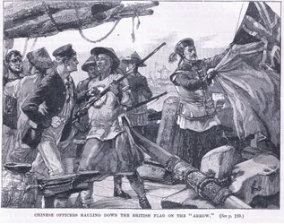 Kinesiska officerare drar ner den brittiska flaggan på "pilen" 1856 AD