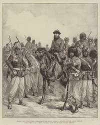 General Ghous-ud-din Khan, befälhavare för de afghanska trupperna i Penjdeh, med sina afghanska soldater.