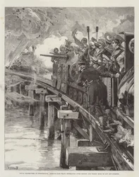 Sjömanövrar vid Portsmouth, pansarklädda tåg som retirerar över bron och skjuter gruvan för att avbryta förföljelsen