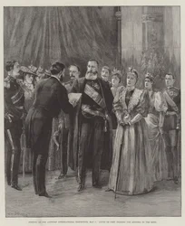 Invigning av Antwerpens internationella utställning, 5 maj, greve de Pret läser anförandet till kungen