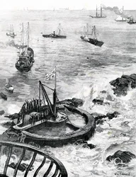 Prinsen av Wales och hertigen av Edinburgh lägger grundstenen till den nya Eddystone-fyren, illustration från "The Illustrated London News", 1879