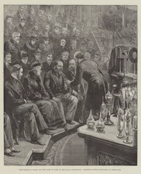 Prinsen av Wales och hertigen av York vid Royal Institution, professor Dewar föreläser om flytande luft.