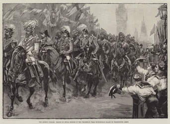 Drottningens jubileum, eskort av kungliga prinsar i processionen från Buckingham Palace till Westminster Abbey