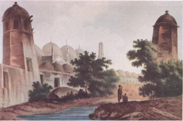 En vy av Kutra-moskén byggd av Mir Jaffier i Murshidabad (Select Views in India 1786), från British Adventure publicerat av Collins, 1947