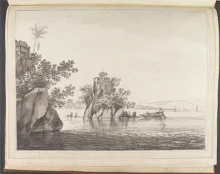 Vy över en isolerad klippa i floden Ganges vid Jangerah [Jahangira]