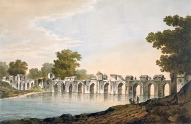 En utsikt över bron vid Ilionpoor över floden Goomty, pub. 1785-88.