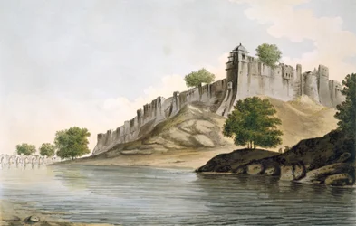 En vy av fortet Ilionpoor på stranden av floden Goomty, pub. 1785-88.