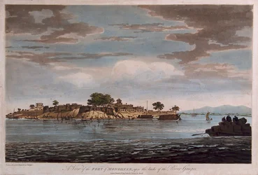 En vy över fortet Mongheer, vid stranden av floden Ganges