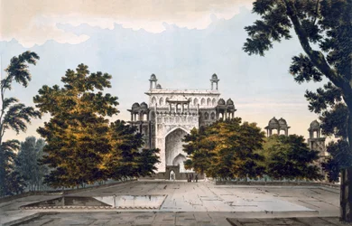 En vy av en del av kejsar Akbars grav i Secundru, 1785-88 (färgad akvatint)