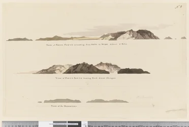 Sida 8 (a) Vy över Porto Santo som sträcker sig från NNW till WBN avlägset 5 miles (b) Vy över Porto Santo som bär norra avlägsna 2 ligor och (c) Vy över Desertörerna