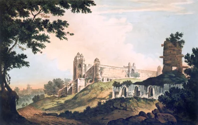 Pl. 12 En vy av moskén i Futtipoor Sicri, från "Select Views in India", pub. 1785-88 (färgad etsning med akvatint).