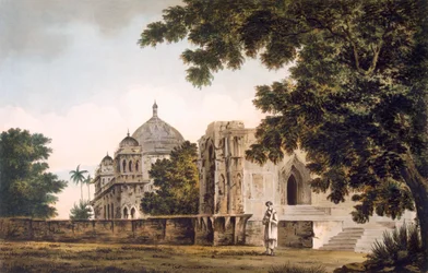 Pl. 18 En vy av moskén i Mounheer, från sydöstra, från "Select Views in India", pub. 1780-83 (färgad etsning med akvatint)