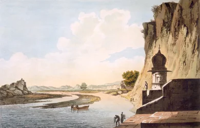 Pl. 26 En utsikt över Gaut vid Etawa, vid floden Jumnas stränder, från "Select Views in India", pub. 1785-88 (färgad etsning med akvatint)