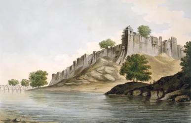 Pl. 33 En vy av fortet Ilionpoor vid floden Goomtys stränder från "Select Views in India", pub. 1785-88 (färgad etsning med akvatint)
