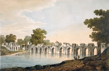 Pl. 34 En vy av bron vid Ilionpoor över floden Goomty från "Select Views in India", pub. 1785-88 (färgad etsning med akvatint)