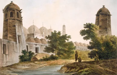 Pl. 41 A View of the Cuttera byggd av Jaffeir Cawn på Muxadavad, från "Select Views in India", pub. 1785-88 (färgad etsning med akvatint)