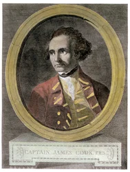 Porträtt av kapten James Cook (1728-79), från frontispicen på "Resan runt världen till sydpolen" (senare färgsättning)