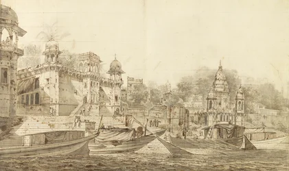 View of Part of the City of Benares, c.1781 (grå tvätt med pensel och bläck över blyerts på papper på tvättfäste)