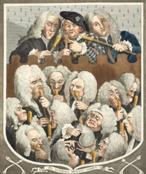 En konsultation av läkare, eller The Company of Undertakers, illustration från "Hogarth Restored: The Whole Works of the hyllade William Hogarth, ingraverad av Thomas Cook", pub. 1812 (handfärgad