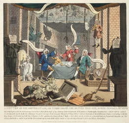 A Just View of the British Stage eller Tre huvuden är bättre än ett, 1724, illustration från "Hogarth Restored: The Whole Works of the celebrated William Hogarth, re-engraved by Thomas Cook", pub. 181