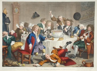 A Midnight Modern Conversation, illustration från "Hogarth Restored: Hela verken av den berömde William Hogarth, ingraverat av Thomas Cook", pub. 1812 (handfärgad gravyr)