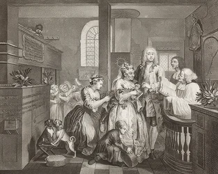 A Rake? S Progress, Plate 5: The Rake Marrying an Old Woman / The Path of a Dissolute, Blad 5: Tom Rakewell gifter sig med en rik gammal kvinna). 1735