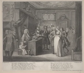 En kvinna som svär ett barn till en grav medborgare, ca 1730-35 (etsning)