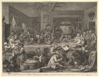 An Election Entertainment, Plate I: Four Prints of an Election, februari 1755.