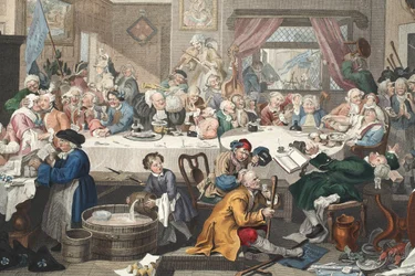 En valunderhållning, illustration från "Hogarth Restored: The Whole Works of the hyllade William Hogarth, re-graved by Thomas Cook", pub. 1812 (handfärgad gravyr)
